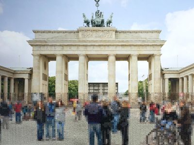 Diane Meyer walked the entire 96-mile perimeter of the former wall to take pictures for her hand-sewn photograph series “Berlin.” Above, Brandenburg Gate, 2015.     