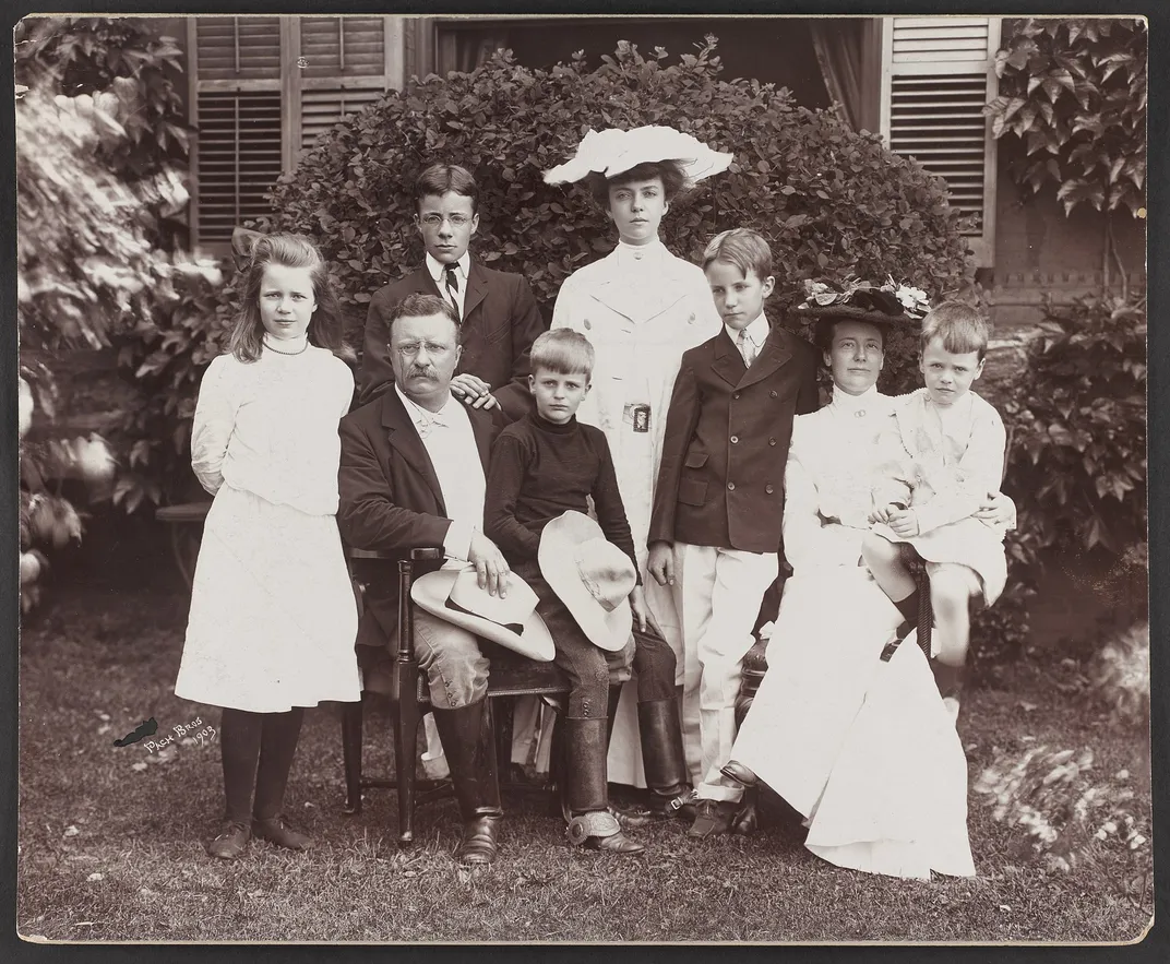 The Roosevelt family in 1903. Alice appears in the back row at right.