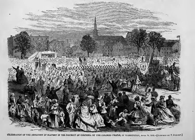 A drawing of Emancipation Day celebrations in Washington on April 19, 1866