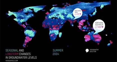 Image from an animated graphic showing satellite readings of groundwater fluctuations around the world.