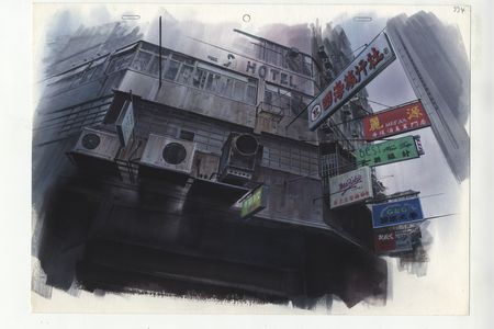 Watercolor paintings like this were used to produce the dark, dystopian worlds of cyberpunk anime