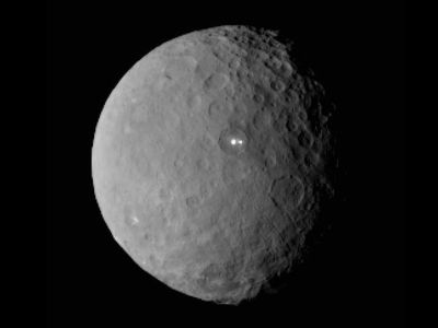 Dawn returned this image of Ceres on February 19, showing two bright spots in the center of a crater. One is twice as bright as the other. But what are they?