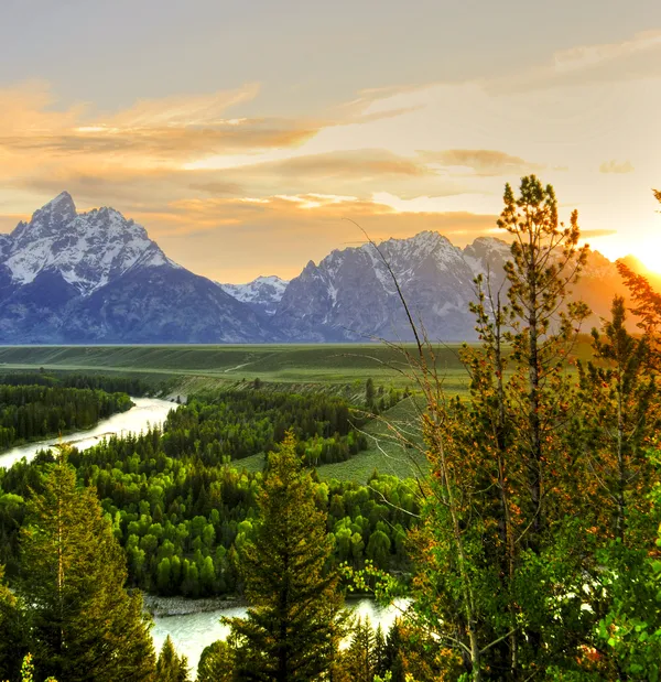 Sustaining Our Planet (a vibrant forested view overlooking Snake River with the Grand Teton mountains in the distance at sunset)
