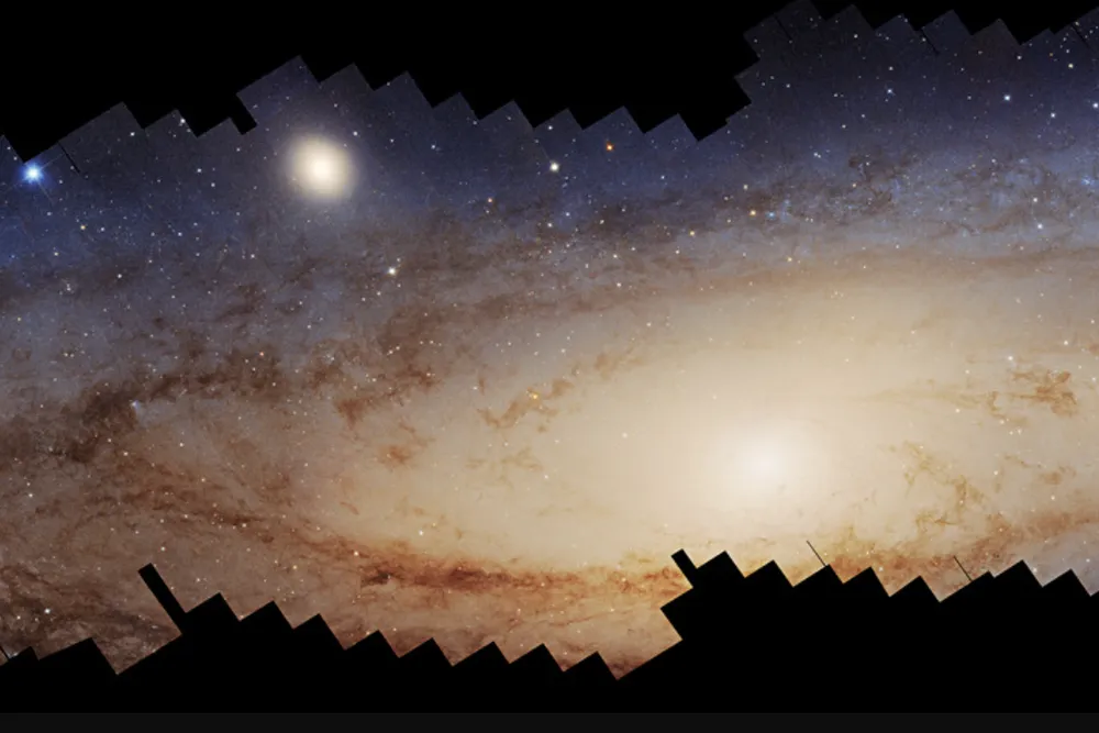 a bright galactic core with material swirling around it and a couple bright stars in the upper left; the bottom has black boxy protrusions that look like a slanted skyline but are not part of the mosaic