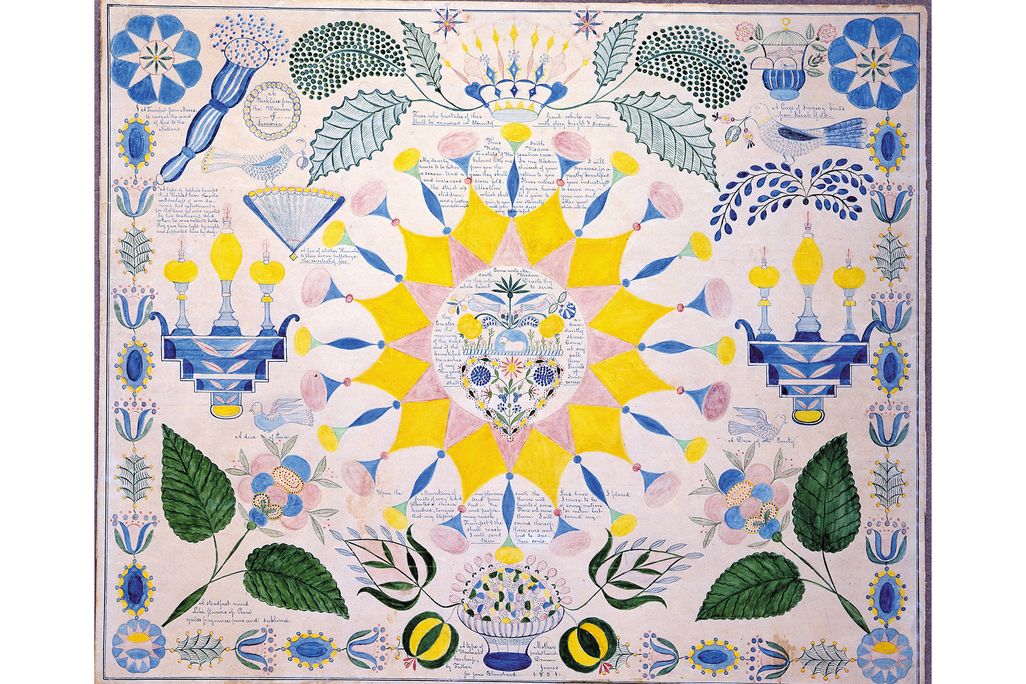A yellow, blue and green Shaker drawing