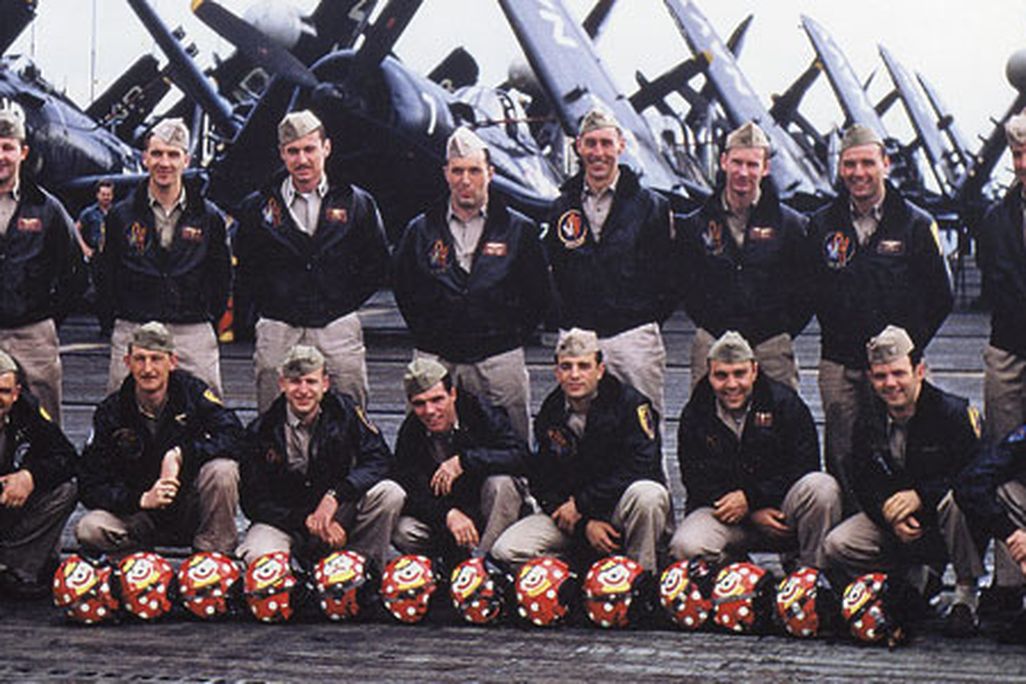 The squadron pilots pose on Valley Forge in July 1952