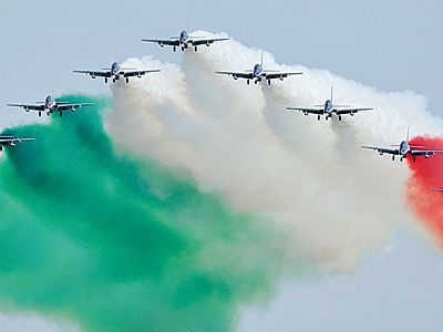 <i>Ciao!</i> Italy’s military precision jet team, Frecce Tricolori (“Tricolor Arrows”), makes its first visit to North America with performances on August 2 and 3 at the Experimental Aircraft Association’s 34th Fly-in Convention in Oshkosh, Wisconsin. The