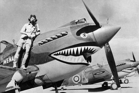 flight Lieutenant Neville Bowker and plane with shark art