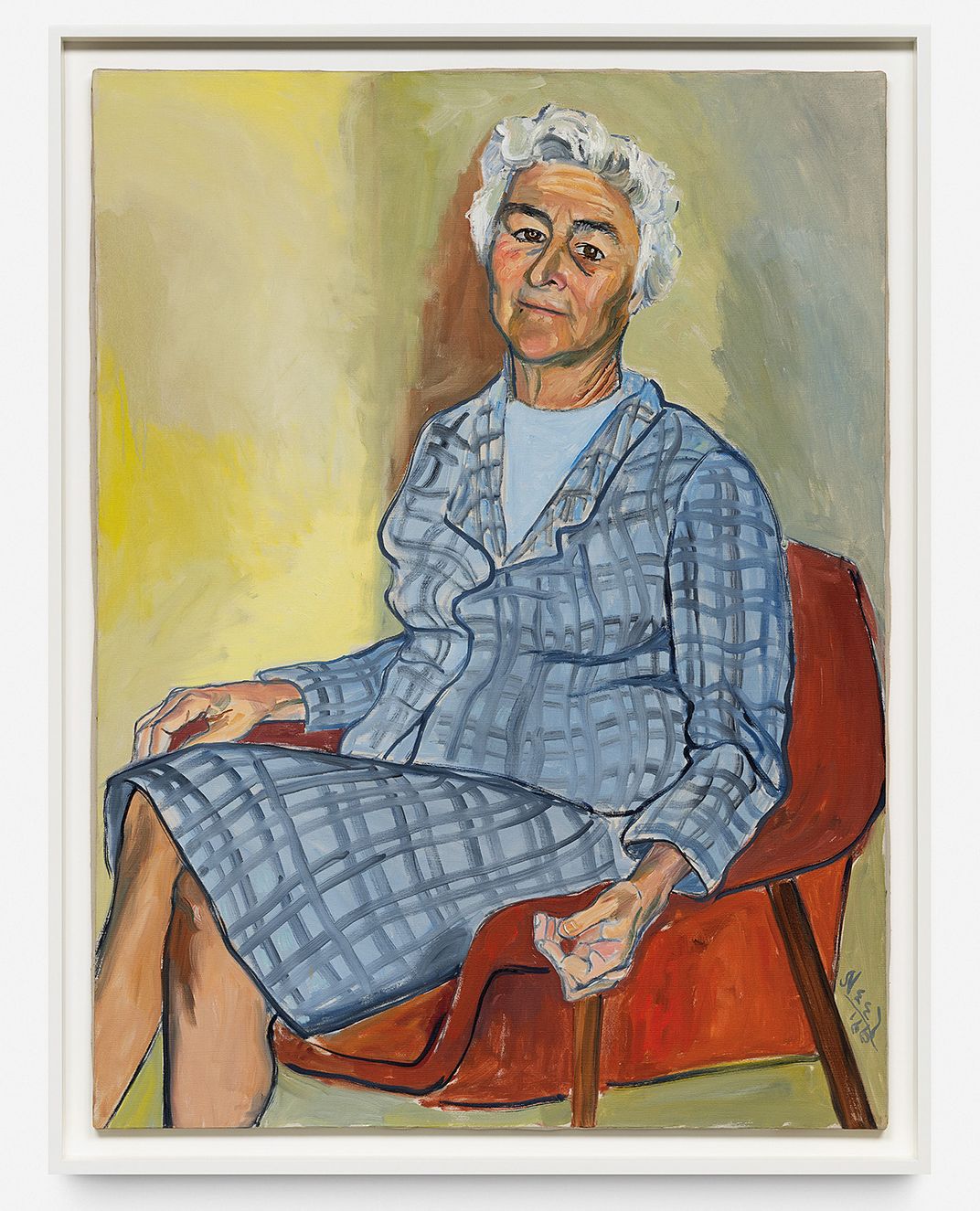 a painting of woman in a blue dress suit sitting on red chair