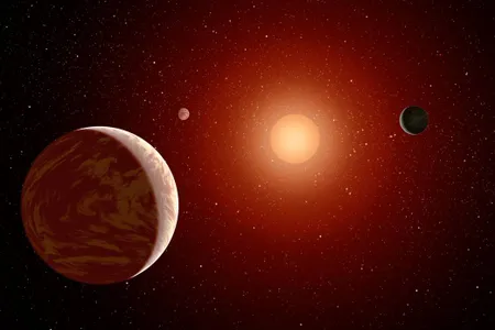 This artist's conception shows a dim red dwarf surrounded by three planets. To hold life at their surface, red dwarf planets must orbit close to their star, putting them in the line of fire from dangerous flares.