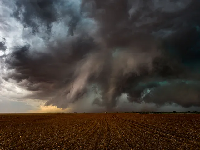 A multi-vortex tornado touches down on the town of Patricia, Texas.