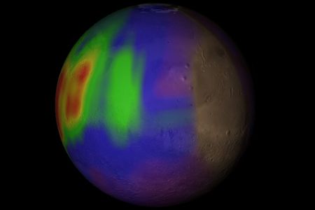 Methane plumes as discovered by Michael Mumma in the northern summer of Mars in 2003. Higher methane concentrations are shown in yellow and red. 