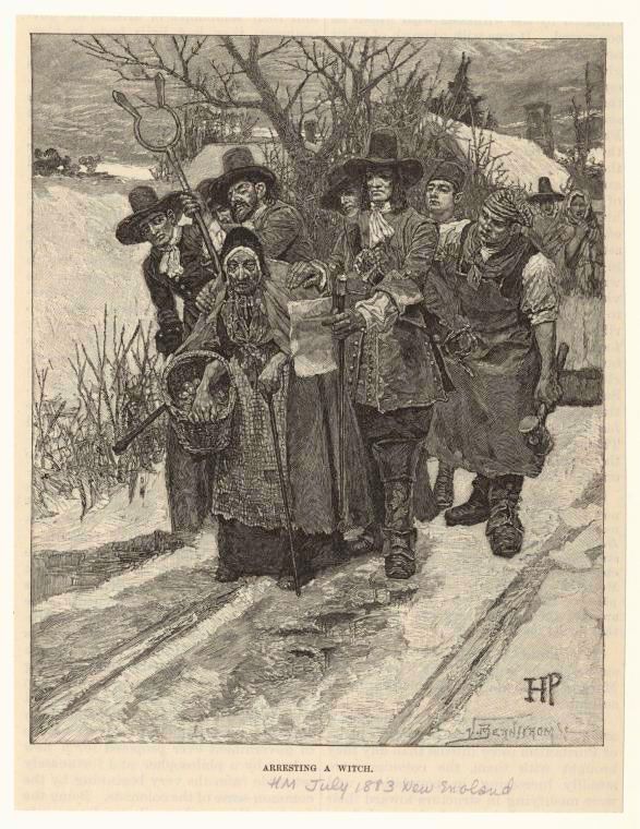 Old ink illustration of a group of colonial-era men forcing an old woman down a dirt road. Small text on bottom: Arresting a Witch. Handwritten: HM, July 1893, New England.