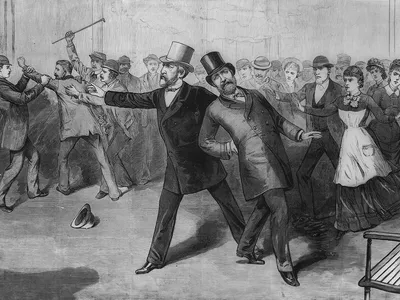 An engraving of James A. Garfield's assassination, published in Frank Leslie's Illustrated Newspaper