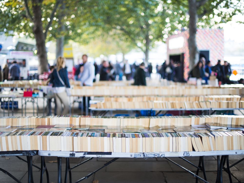 Books lined up on tables
