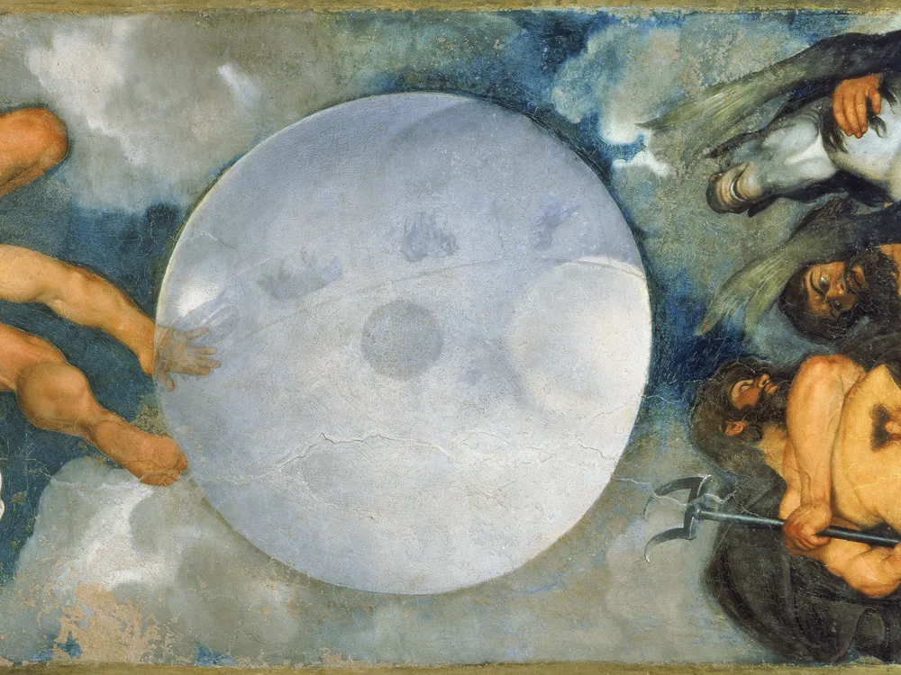 A mural of three gods, men in robes in the sky, surrounding a huge blue-gray orb in the center of the composition