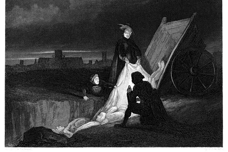 An 1885 illustration shows bodies being thrown into a pit during the Great Plague of 1655. Now, new research is turning this image on its head. 