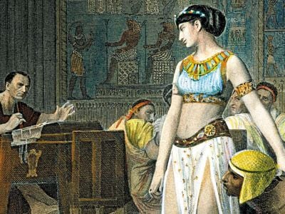 The Egyptian queen, shown here in a 19th-century engraving, sneaked back from exile and surprised Julius Caesar.