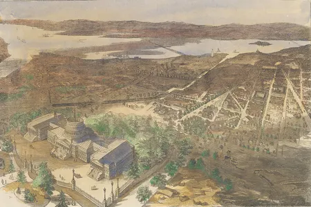 An aerial view of the city of Washington, D.C, in 1861 as seen from a balloon.