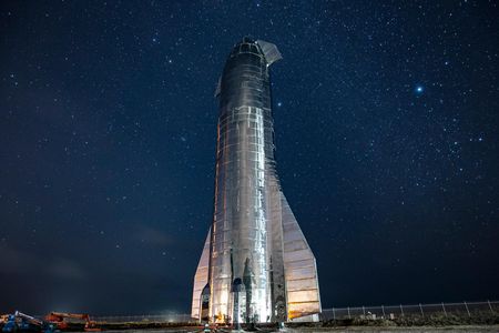 The Starship Mk1 vehicle stands assembled at SpaceX's facility in Boca Chica, Texas.