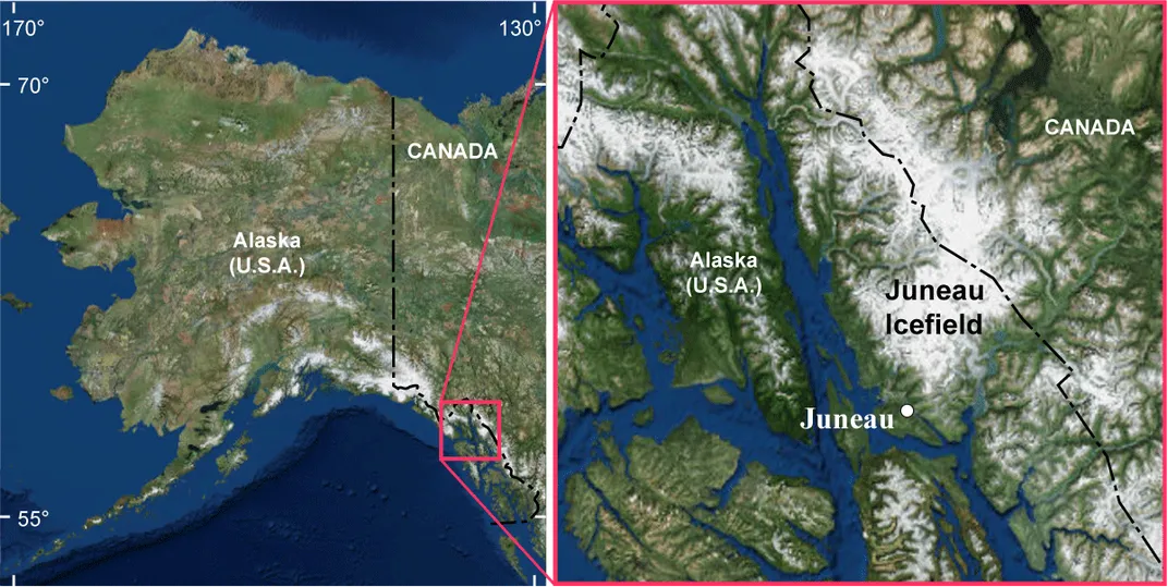 A map shows the location of the Juneau Icefield, along the U.S.-Canadian border.