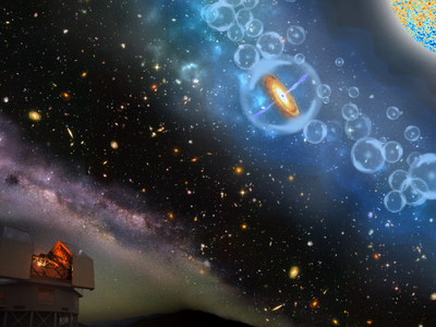 Artist’s concept of the observatory discovering the supermassive black hole from end of the cosmic Dark Age as the first stars blinked on.