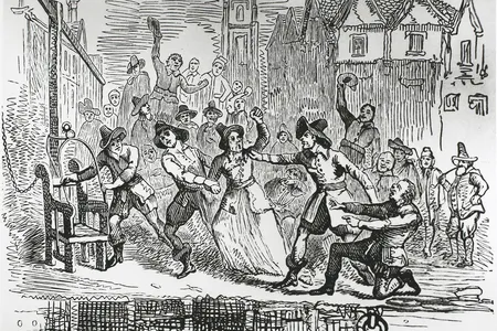 Drawing of a woman being dragged to a ducking stool at a river in Ipswich, Suffolk, around 1600