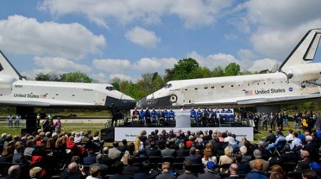 Discovery, right, greets the departing Enterprise, left, at the Welcome Discovery ceremony.