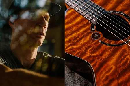 Left, luthier Reuben Forsland gazes out his studio window. Right, a close-up of the &ldquo;Legacy&rdquo; guitar, custom-built by Forsland, commissioned by a son to honor his father.&nbsp;&nbsp;&nbsp;