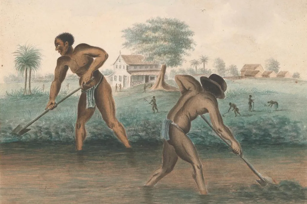 Two dark-skinned men work in a field, heads bent and backs arched, in front of a field, a large white house in the distance and a blue sky with clouds
