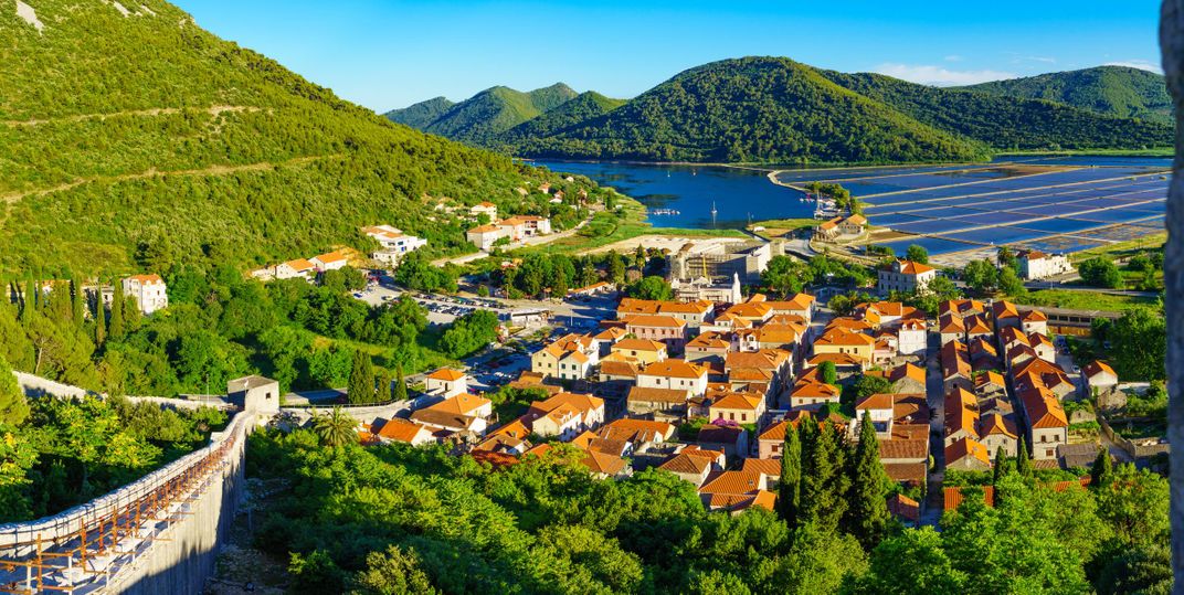 Village of Ston with oyster farms in distance
