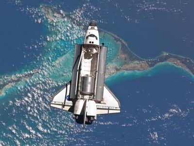 Atlantis over the Bahamas during the last space shuttle flight in 2011.