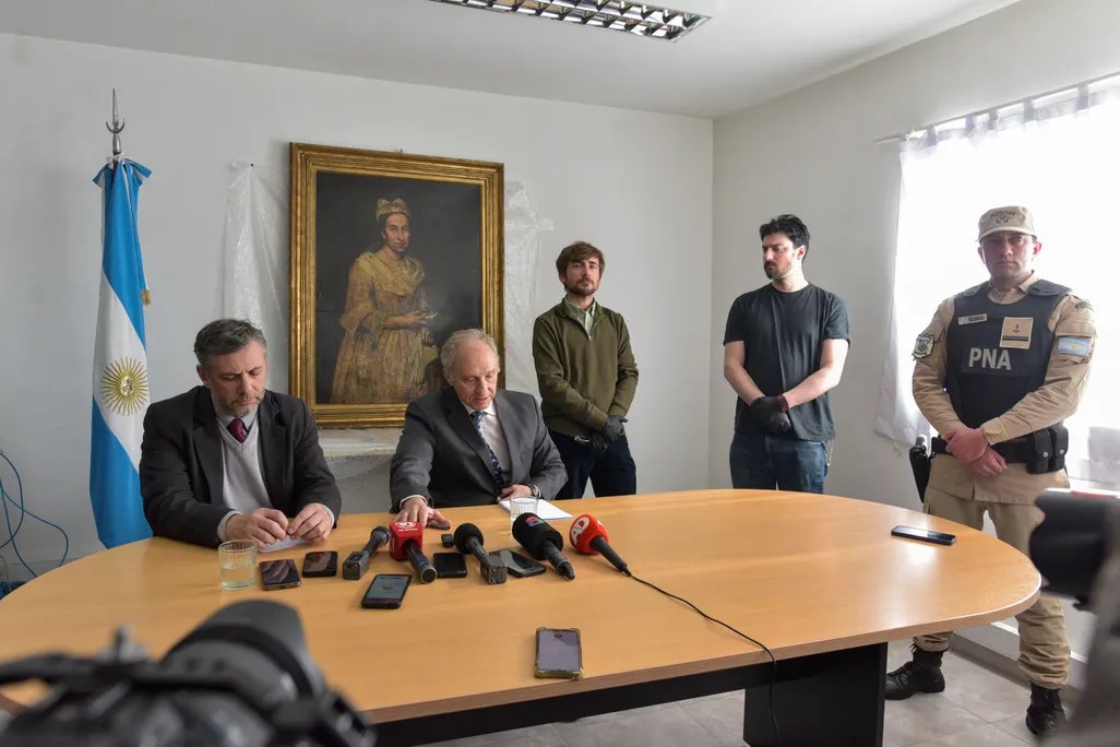 Argentine auhtorities give a press conference in front of a painting identified by Dutch newspaper AD as "Portrait of a Lady" by Italian baroque portraitist Giuseppe Ghislandi, stolen by the Nazis from a Dutch Jewish art collector.