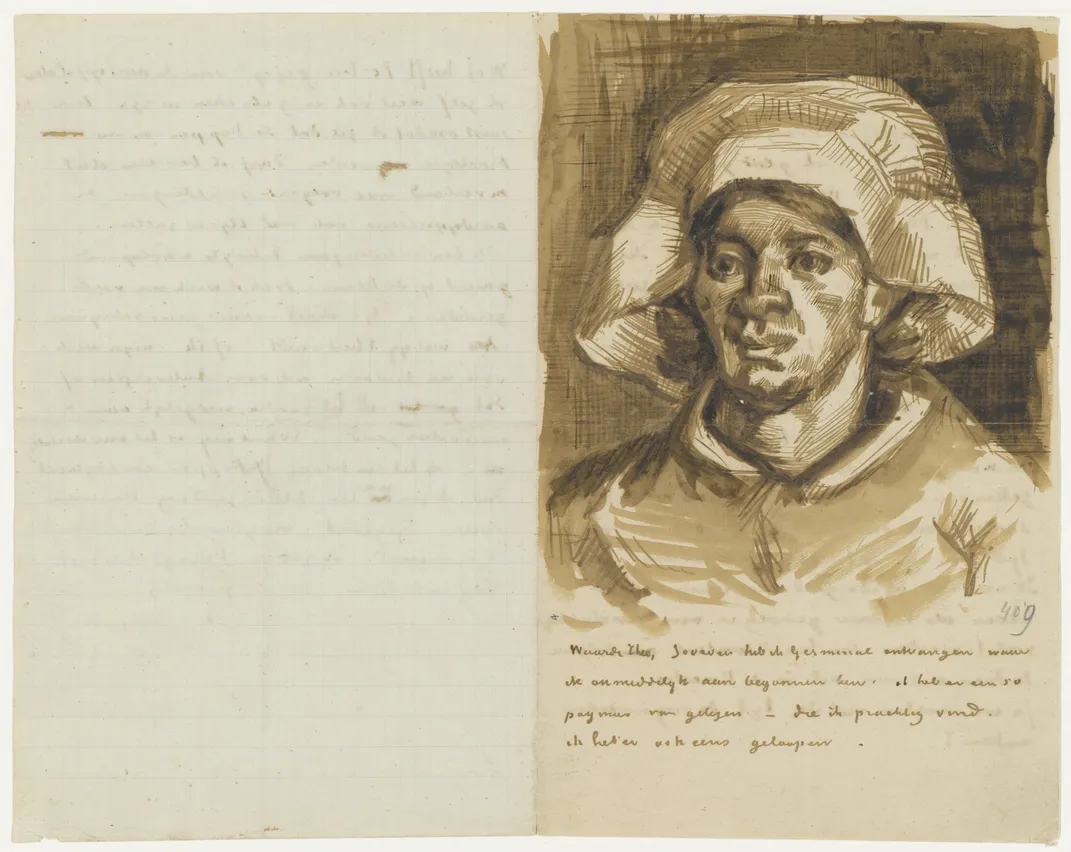 Letter from Vincent van Gogh to Theo van Gogh with sketch of a head of a woman