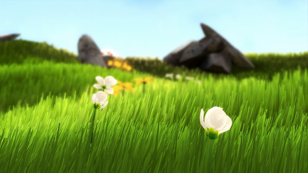 Video game scene that depicts a grassy field with white flowers 