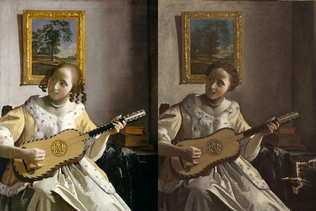 Johannes Vermeer's signed painting The Guitar Player (left) and its mysterious doppelgänger (right)