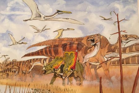 A illustration of a herd of hadrosaurs like the arthritic one discovered in New Jersey.