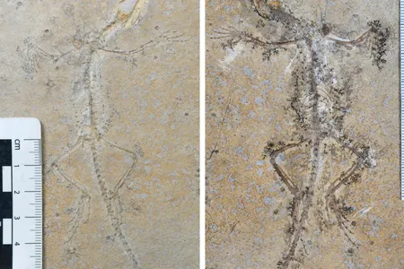 Likely in the 1930s, someone split a flat fossil slab in half, leaving the skeleton on one side and the skeleton&#39;s outline on the other.