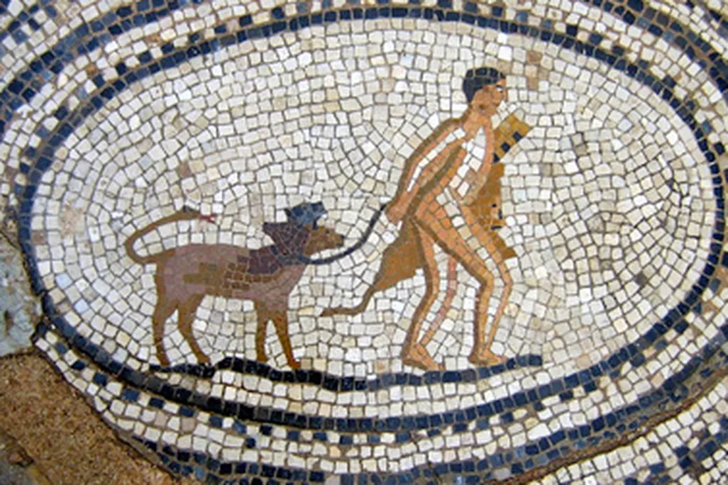 A mosaic of Hercules with pet Cerberus.