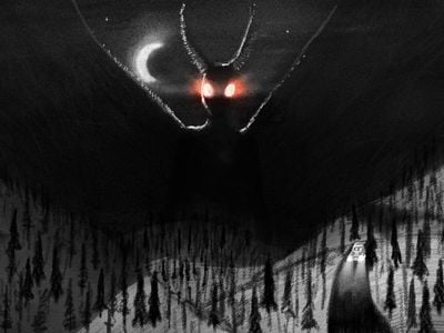 Digital illustration of a large mothlike figure, flying above a forested area and a single car driving down a road at nights. Its eyes are glowing red.