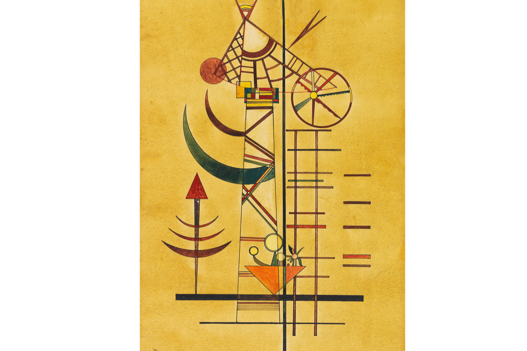 A yellow paper with a precise, geometric arrangement of shapes, curved slivers, and thin lines arranged vertically