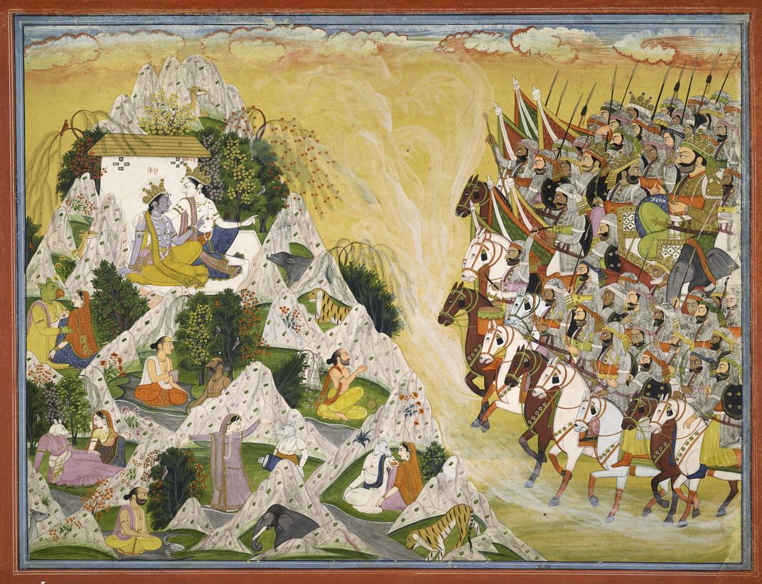 Jarasandha’s army advances toward Krishna and Balarama, folio from a Mahabharata