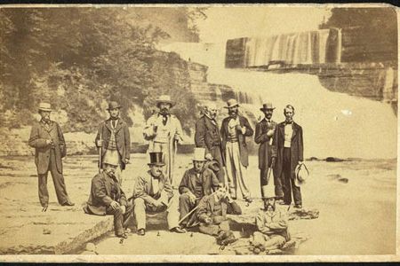 Secretary of State William Seward, far right, with British Minister Lord Lyons, sitting third from right, and other international diplomats at Trenton Falls in New York.