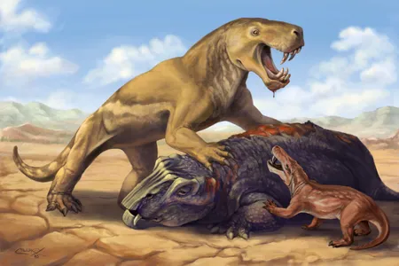 An illustration of the giant gorgonopsian Inostrancevia&nbsp;scaring off the much smaller African species Cyonosaurus