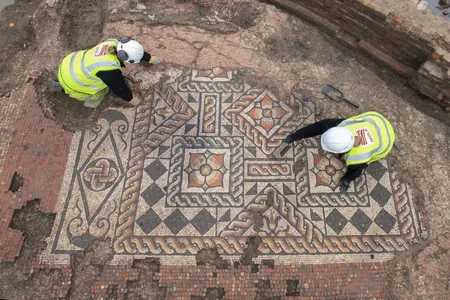 An aerial view of a ten-foot-long section of the newly discovered mosaic