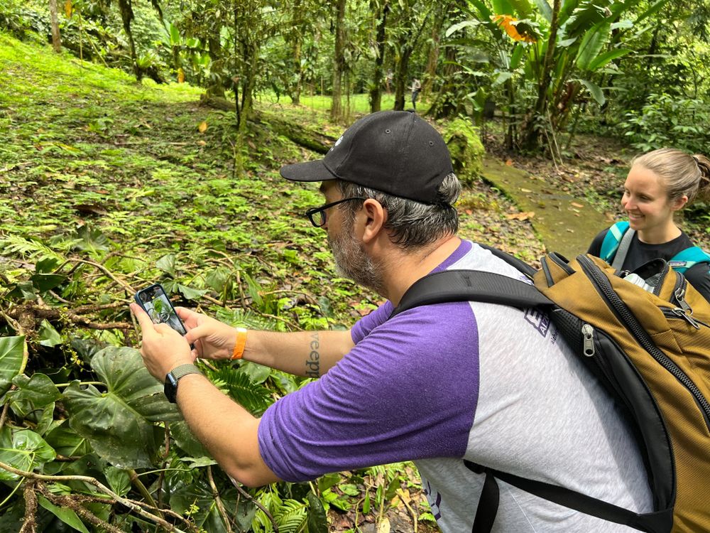 Man takes a photo of a plant