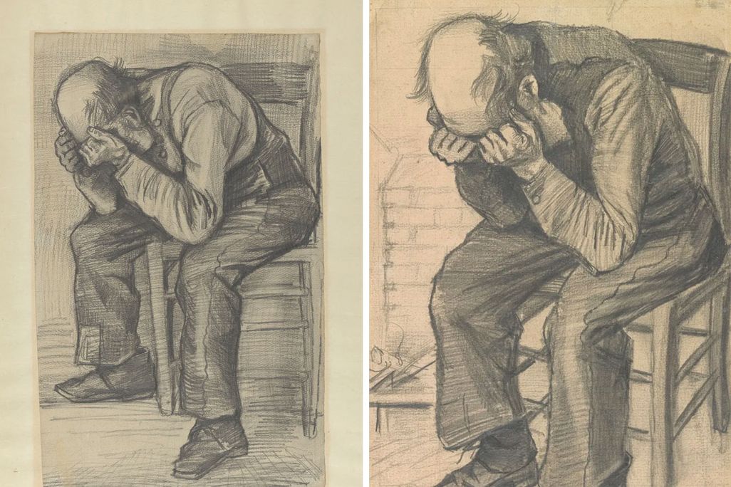 The newly authenticated sketch (left) and the final drawing, titled Worn Out (right)