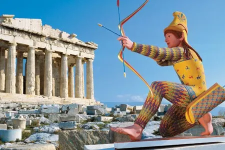 The painted replica of a c. 490 B.C. archer (at the Parthenon in Athens) testifies to German archaeologist Vinzenz Brinkmann’s painstaking research into the ancient sculpture’s colors. The original statue came from the Temple of Aphaia on the Greek island of Aegina.