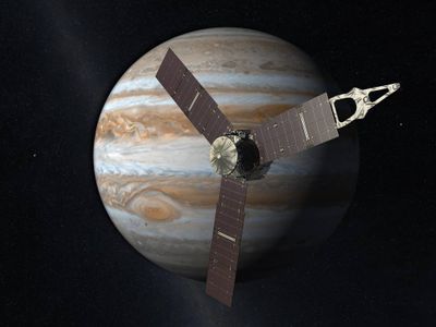 This concept drawing shows Juno in orbit around the solar system's largest planet. 