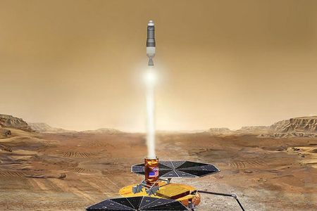 NASA is designing a small rocket (artist’s impression) that will launch from Jezero Crater, bringing soil samples back to Earth.